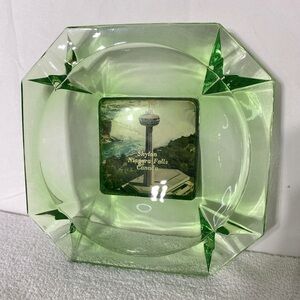 Vintage Skylon Niagara Falls Canada Large Cut Green Glass Ashtray Trinket Dish